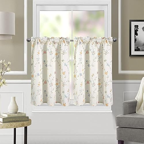 Dreamskull Scheibengardinen Bistrogardine Modern Küche Kurz Landhausstil Kurzgardine Kurzstores Gardinen Küchengardine Blickdicht Stangendurchzug Blumenmuster Kleinfenster 2er Set