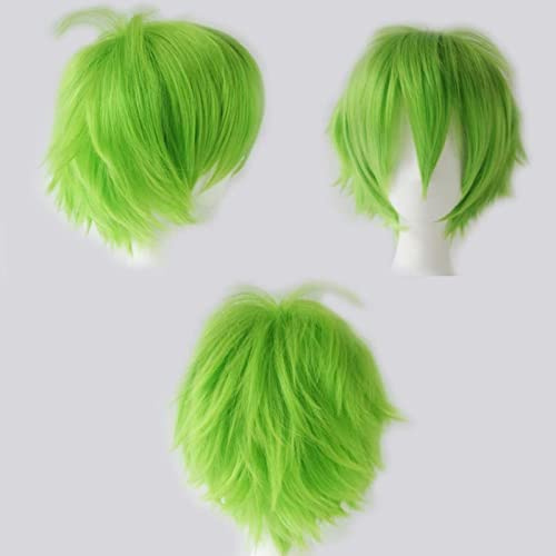 Cybelleza Anime Cosplay Perücke Kurze Perücken Grün für Frauen / Männer Synthetische Gerade Fancy Dress Perücke Gewellt Glatt Geschichtete Flauschige Halloween Kostüm Party Perücke mit Gratis Mütze