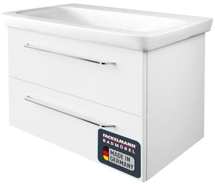 FACKELMANN Milano Badmöbel Set 2-teilig, Waschbecken aus Keramik, Waschbeckenunterschrank mit 2 Schubladen in Weiß, verchromte Griffe, hängend, 90 cm breit
