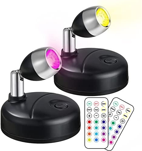 Klarlight 2 Pack Mini RGB Battery Spotlights Indoor with Remote Control Wireless LED Spot Lights Picture Light with 13 Light Colours for Cabinet Art Display Party Ambience