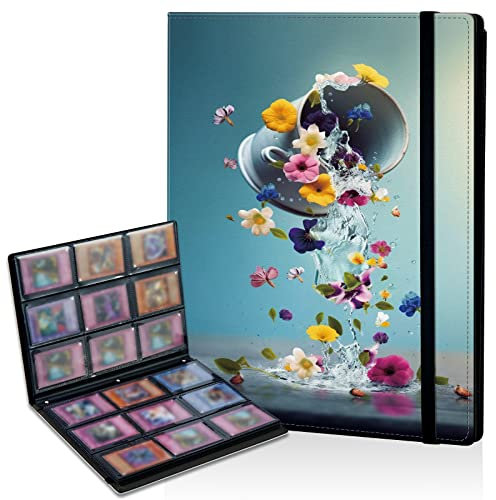 9 Pocket Card Binder, Waterproof Trading Card Folders with Double Sided Pockets, 720 Card Collection Binder for Game Cards/Most Standard Size Cards/Sports Cards, Teacup Flowers