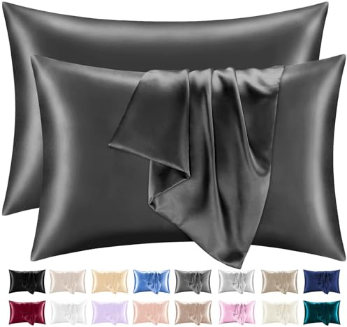 Lazzaro Satin Silk Pillowcases for Hair and Skin - Pillow Cases with Envelope Closure - Ultrasoft Standard Size Silk Pillowcases (50 x 75 cm) (04 - Charcoal, 2 Pcs Pillowcases (50 x 75 cm))