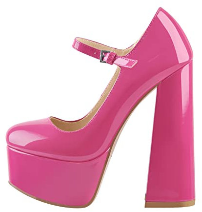 Only maker Damen Plateau Pumps Mary Jane High Heels mit Blockabsatz Hohe Schuhe Skyheels Metallic Lack Fuchsia 44 EU