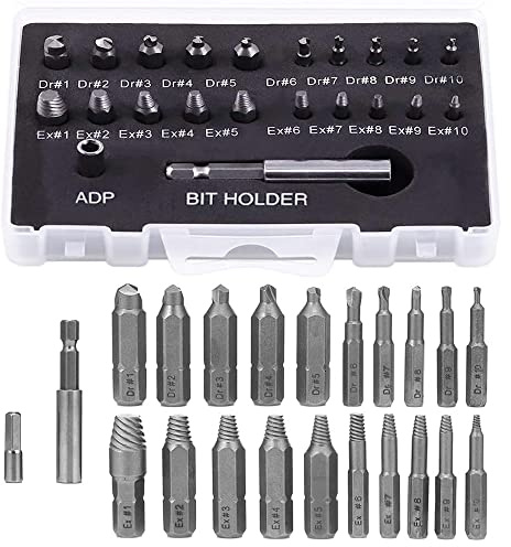 Treki 22pcs Endommagé Vis Extracteurs de Vis Cassé Extracteur de Vis HSS avec Porte-embout Magnétique et Adaptateur de Douille pour Vis Cassée, Décapant Dénudé Boulon