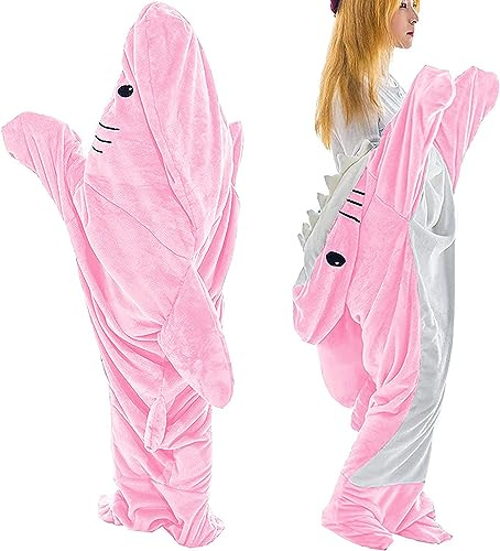 IDAHSOR Couverture à capuche en flanelle rose avec motif queue de requin pour adulte, sac de couchage en polaire super douce, costume de cosplay pour adulte, cadeau pour les amateurs de requin