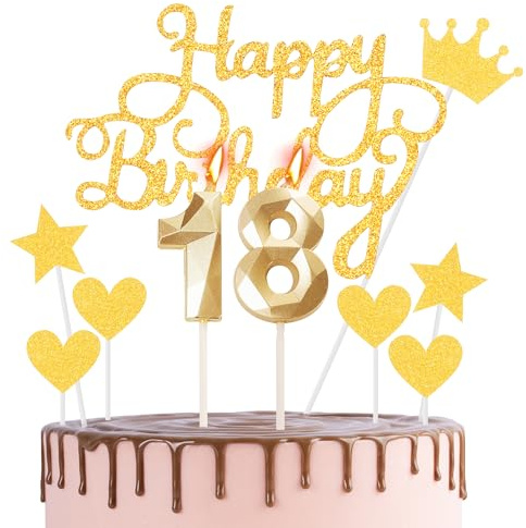 Happy 18th Birthday Cake Topper & Candles - Gold Number 18 for Cake Decorations - Cupcake Topper for Girls Boys Birthday Gold