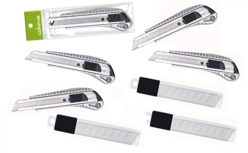 Colorus Cuttermesser 5x 18 mm Alu-Druckguss mit 30 Abbrechklingen | Universalmesser mit Arretierung und Metallführung für Karton, Teppich und Pakete – 5 Messer und 30 Ersatzklingen
