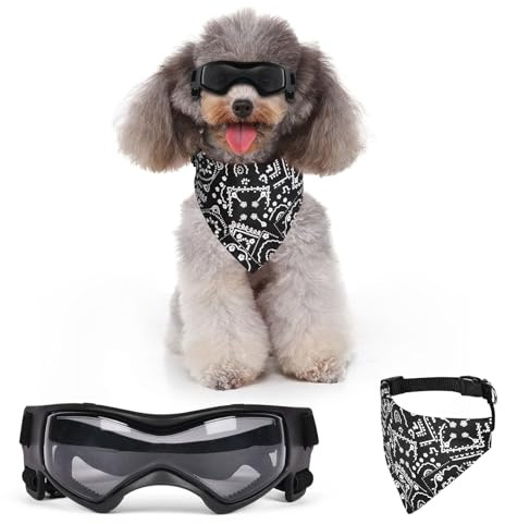 Adiwo Hundebrille,Wasserdicht Hundeschutzbrille mit Hundehalstuch Anti-UV Schutz Hunde Sonnenbrille mit Einstellbar Gummiband Winddichte Schutzbrille Motorradbrille für Kleine Mittelgroße Hunde -M