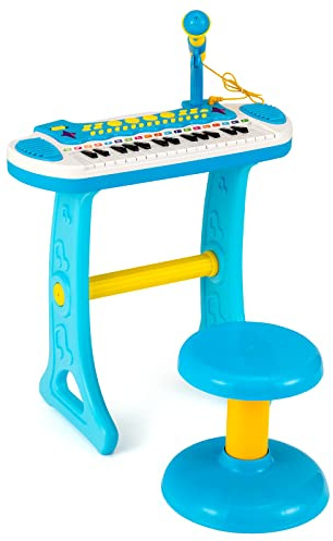 KOMFOTTEU Pianola Bambini Musicale Tastiera, Tastiera Digitale a 31 Tasti, Mini Tastiera per Bambini con Effetti Luminosi e Microfono, Strumenti Musicali con Sgabello, 22 Battiti/8 Toni/7 Ritmi (Blu)