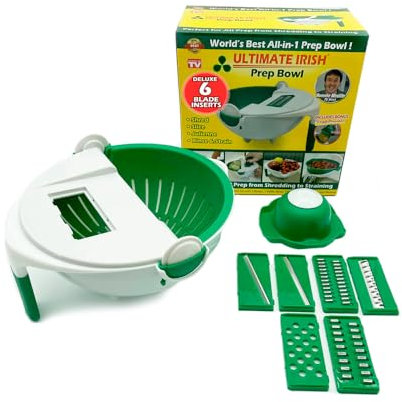 ULTIMATE IRISH Salad Prep Bowl Deluxe - 3 Blades for Slicing, Shredding & Rinsing - Plastic Kitchen Tool - Includes Veggie Holder - Manual Salad Maker