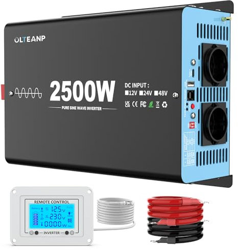 OLTEANP 2500W Spannungswandler 12v auf 230v Reiner Sinus Wechselrichter -Power Inverter Konverter mit 2 AC-Ausgängen, USB&Type-C Anschluss, für LKW, Fahrzeug,Fernbedienung mit LCD-Bildschirm