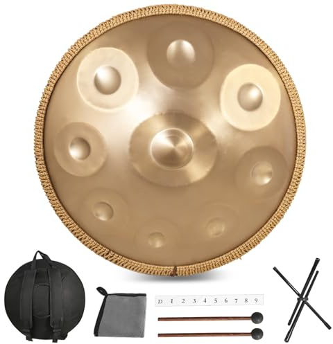 Zanefoo Handpan Instrument, 22 Zoll 9 Note 440HZ Hand Pan Drum Gold Steel Tongue Drum Zungentrommel für Yoga, Meditation mit Handtaschen Trommelstöcken, Trommelständer, Lappen