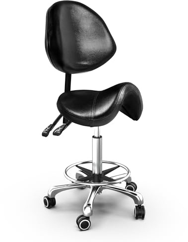TASALON Saddle Stool with Back Support Ergonomic Adjustable Stool with Wheels - Swivel Salon Cutting Stool for Kitchen, Salon, Spa, Tattoo, Pedicure, Massage -Esthetician Chair – Black