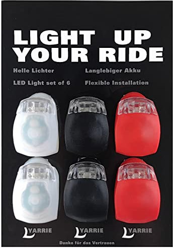 Set med 6 LED-lampor, starkt ljus, kompakt och vattentät, hållbart batteri, LED är lämplig för utomhusbruk och kan också användas som barnvagn (2 svarta, 2 vita, 2 röd)