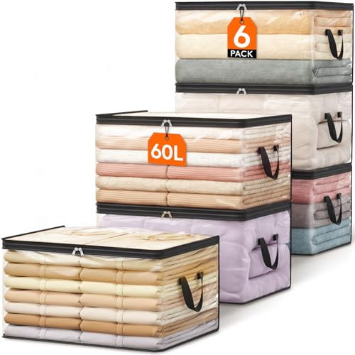 Lifewit 6er Pack Transparente Plastik Aufbewahrungstasche, 60L Kleiderschrank Organizer Aufbewahrungsbox mit Deckel Kleideraufbewahrung Umzugskartons mit Verstärkter Griff für Bettdecken, Kleidung