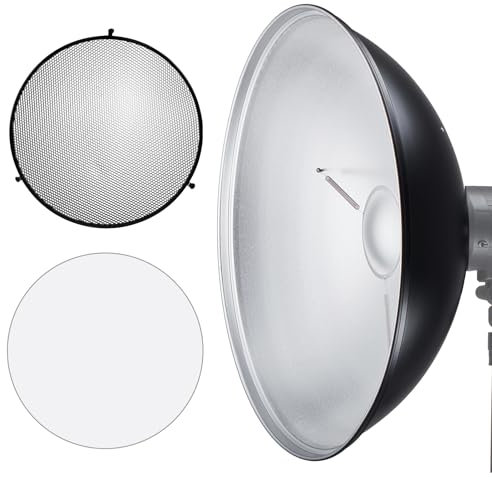 JINBEI - Piatto di bellezza riflettore standard in alluminio da 40 cm con diffusore bianco e nido d'ape, luce stroboscopica da studio Bowens Mount Studio