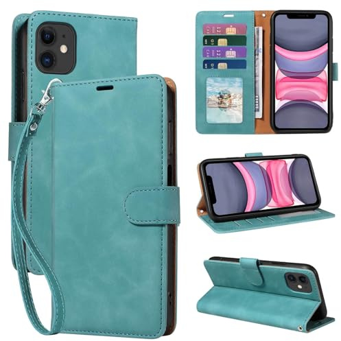 JHWVVTF for iPhone 11 Case Wallet, [RFID Blocking 4 Card Slots] Phone Stand, Wrist Strap, Magnetic Closure, Soft Leather Shockproof Protective Flip Cases Cover (Green)