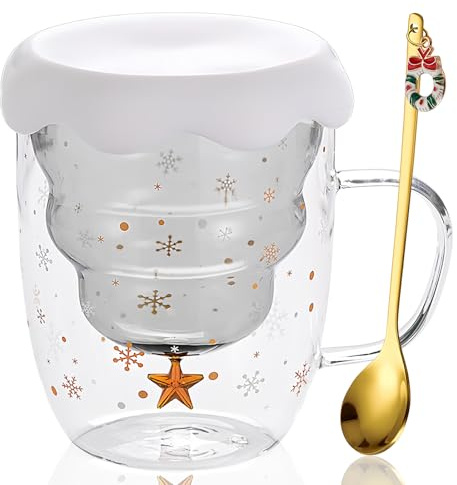 Jinlaili Süße Tassen Weihnachten Becher Kaffee Teegläser Trinkgläser Kaffeeglas, Weihnachtsbaum Kaffeetassen Weihnachtstasse Weihnachtstassen Doppelwandige Isolierglas Espressotasse, 300 ml (Weiß)