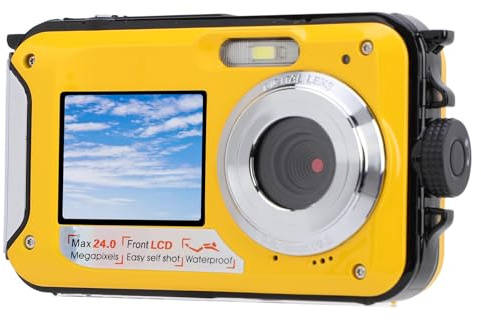 2,7K Unterwasserkamera 11FT wasserdichte Kamera mit 48MP 16 Digitalzoom, Autofokus Dual-Screen Selfie Unterwasserkamera Zum Schnorcheln Kompakte Digitalkamera (Yellow)