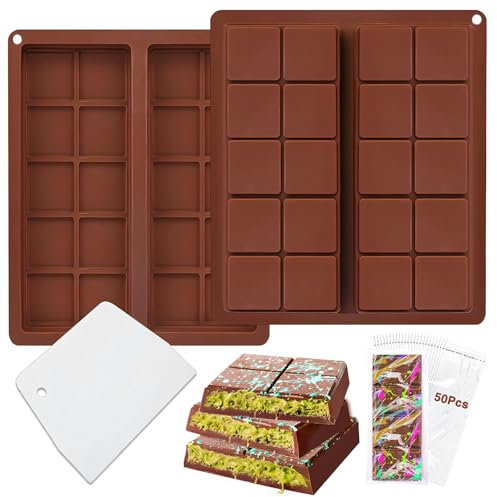 Yichalodge Moule Silicone Chocolat 2 Pièces Dubai Moule à Chocolat Profond Antiadhésif Tablette pour Pralines et Bonbons avec Scraper et Sacs, 20 Grilles