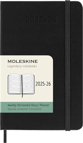Moleskine Weekly Planner 2025-2026, Agenda Settimanale 18 Mesi, Agenda Orizzontale Con Copertina Rigida e Chiusura Elastica, Formato Pocket 9 x 14 cm Colore Nero