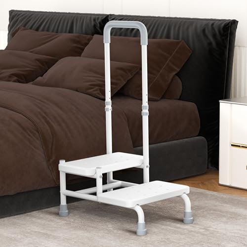 HOMIQUEEN 2 Stufen Hocker mit Griff Tritthocker für Bett mit verstellbarem Handlauf Bettstufen für Hochbetten für Erwachsene, Senioren, halten bis zu 180 kg (Weiß)