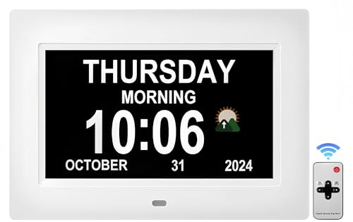 Memwake Sveglia digitale, molteplici funzioni, orologio con data e giorno, sveglia digitale e calendario elettronico per anziani (bianco, 17,8 cm) (17,8 cm, bianco)