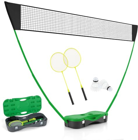 COSTWAY Badminton Set Complet Portable 270 x 160 cm, Ensemble de Filet de Badminton en PE 2 Raquettes et 2 Volants Boîte de Rangement, Jeu d'Extérieur pour Plage Jardin Cour (Vert)