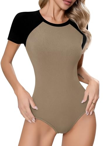 Missufe Damen Sommer Body Stricktop Raglan Kurzarm 2025 Rundhals Farbblock Oberteil T Shirt Tops (Khaki, Medium)