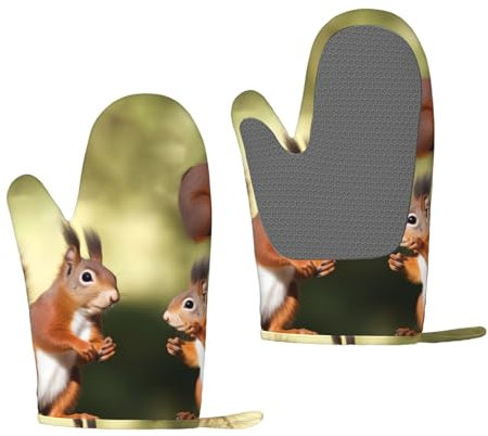 Cute Squirrels Oven Mitts Set of 2 Heat Resistant Silicone Oven Gloves with Soft Lining Non-Slip Kitchen Cooking Mitt Long Waterproof Potholders Kitchen Essentials