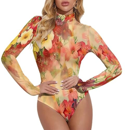 SUIUOI Spitzenbody für Damen – Eleganter Langarm Leotard, Raffungen Bodysuit, Hoher Hals Enganliegendes Overall Top, Casual Blusenbody mit Leopardendruck