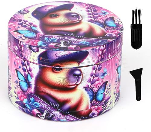 LHOEST Grande Grinder 63 MM Macinaspezie Manuale Metallo Grinder con 40 Denti Macinaspezie 4 Strati Capybara Grinder Viola con Raschietto e Spazzola in Plastica per Spezie Cucina