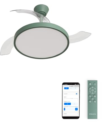CREATE / WIND CLEAR STUDIO M/Ventilatore da soffitto con luce verde sage con Wifi e telecomando / 40W, Temporizzatore, Ø 108 cm, 6 velocità, pale retrattili, 3 temperature di luce, estate-inverno
