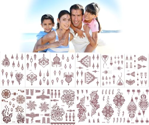 12 Sheets Henna Tattoos Temporary Stickers, 6Pcs Adult + 6Pcs Kids Stickers Brown Tattoo Templates Women Body Art Stickers for Wedding Party