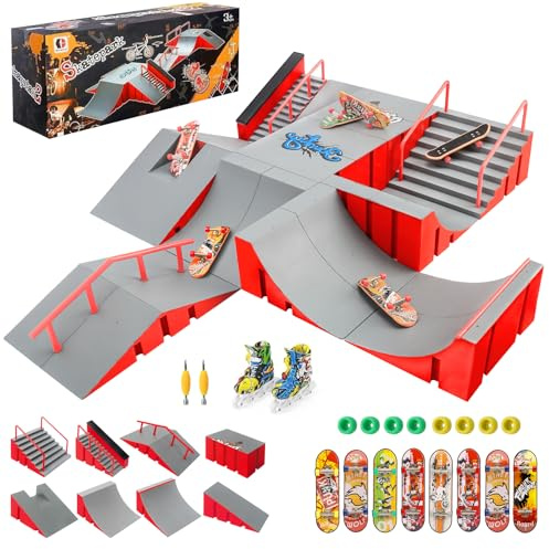 Tlater Finger Skateboard Park Kits, 14 in 1 Bigger Finger Skateboard Ramp Set fai da te Fingerboard Skatepark per bambini, regalo di compleanno (rosso)