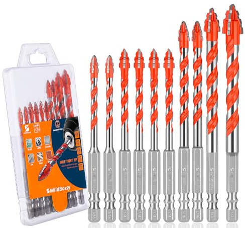 Serrated Concrete Drill Bit Set 10PCS (3/16”-1/2”), Tungsten Carbide Tip Masonry Drill Bits Set for Glass, Metal, Brick, Tile, Concrete, Plastic and Wood