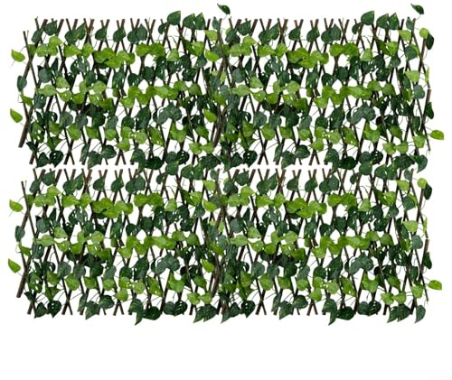 HEIBTENY Valla de enrejado expandible para jardín con hojas de hiedra artificial para decoración del hogar, construcción de madera y plástico impermeable, ancho ajustable de hasta 180 cm (4 piezas)