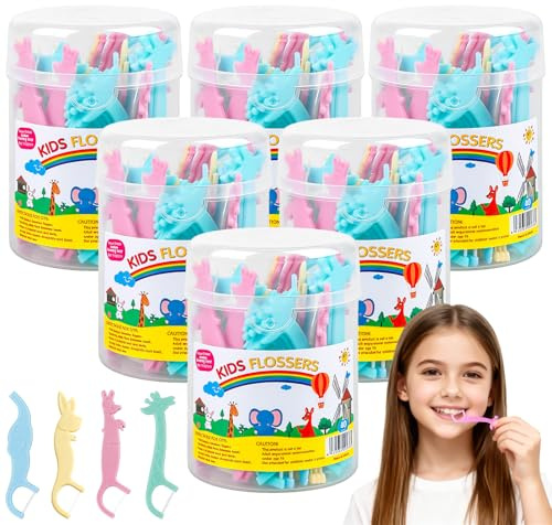 240 pezzi filo interdentale per bambini, bastoncini di filo interdentale, pinne per bambini con 4 forme di animali colorati a prova di bambino, Floss Sticks, Dental Floss Kids
