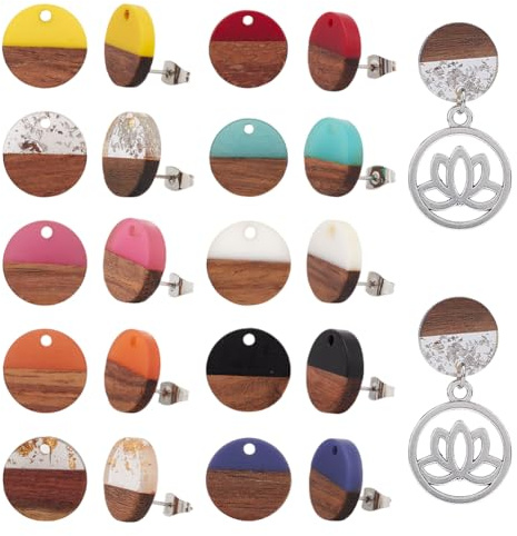 arricraft 10 paires de boucles d'oreille en bois, 10 couleurs plates rondes en résine en bois de noix boucles d'oreille avec des écrous d'oreille en fer et bagues saut pour de bijoux de bricolage