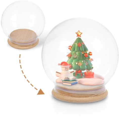 BESTYASH Glasglocke Runde Cloche Glasdisplay mit Bambusbasis Schneekugel Design Festliche Deko für DIY Pflanzen Figuren Sammelobjekte
