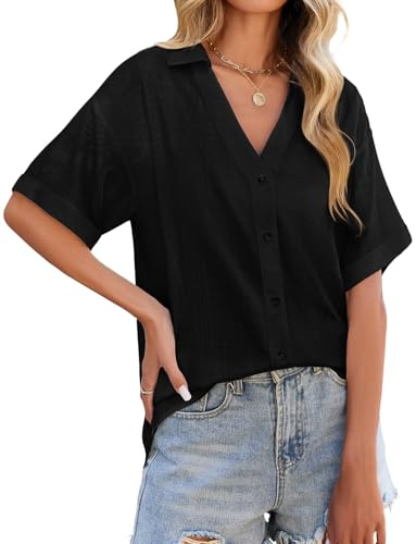 PASUDA Blusas Mujer Verano Camisa de Lino Elegantes Manga Corta Cuello en V Camisas Casual Suelta Blusa con Botones Camiseta Basicas Shirts Tops(Negro,M)