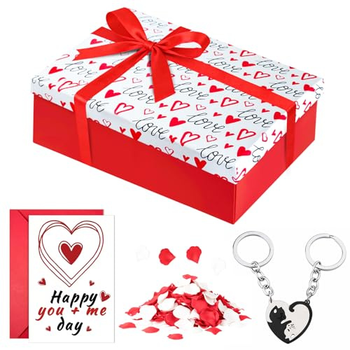 XWCHASA Caja de regalo grande con tapa, 25 x 18 x 8,5 cm, caja de regalo premium con lazos, tarjetas de felicitación, para San Valentín, boda, Navidad (rojo)