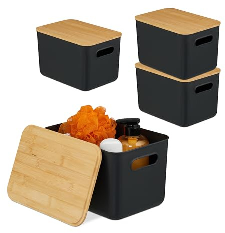 Relaxdays Set de 4 Cajas de Almacenamiento con Tapa, plástico y bambú, Asas, 16x26x17.5 cm, Negro
