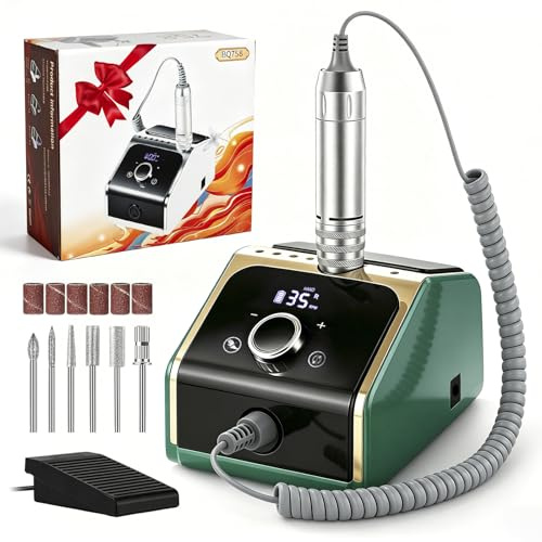 CozyZen Elektrisk Nagelborrmaskin: 35000 RPM Professionellt Nagelfilskit med LCD-skärm, Hand- & Fotpedalkontroll, Tyst Drift för Akryl- & Gelnaglar, Manikyr & Pedikyr – För Hem & Salong（Grön）