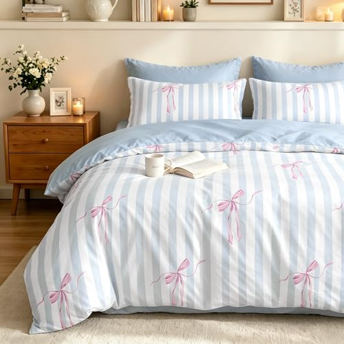Sedefen Bettwäsche 220x240 Blau Schleifen Gestreift Wendebettwäsche Mädchen | ÖKO-TEX Zertifiziert,Aesthetic Bettwäsche für Allergiker,4 Jahreszeiten Set,Bettbezug 2 Kissenbezüge 80x80 mit Reißverschluss