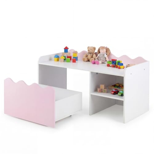 COSTWAY 2 i 1 barnbord vågformat med barnsittbänk på hjul (rosa)