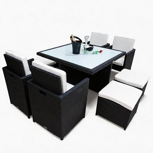 Ragnarök-Möbeldesign PolyRattan - DEUTSCHE Marke - EIGNENE Produktion - 8 Jahre GARANTIE auf UV-Beständigkeit Gartenmöbel Essgruppe Tisch + 4 Stühle & 4 Hocker 12 Polster