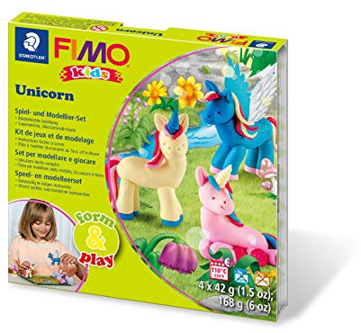 STAEDTLER FIMO kids 8034 Unicorn Set – 4 Blöcke à 42 g | Ofenhärtend in Rosa, Perlglanz, Glitter Pink & Blau – für Kinder – Art.-Nr. 8034 19 LY