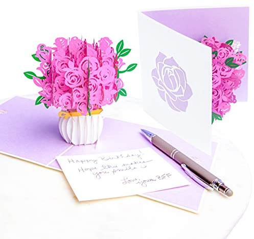 PopLife Rosa Rosen PopUp Valentinstag Karte - 3D Glückliche Jubiläumsgeschenk, Bouquet Pop Up Muttertagskarte, Glücklicher Geburtstag, Verlobung - Flach gefaltet für Mailing - für Mama, Tochter, Frau