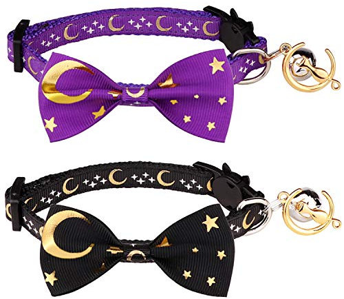 Katzenhalsband, mit Fliege und Glöckchen, glitzernder Mond, leuchtender Stern im Dunkeln, für Kätzchen, Schwarz und Violett, 2 Stück